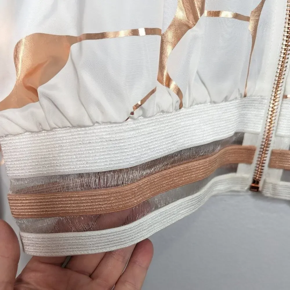 Lime & Vine White Rose Gold Swirl Pattern Cropped Jacket Long Sleeve Zip Up M - Picture 12 of 12